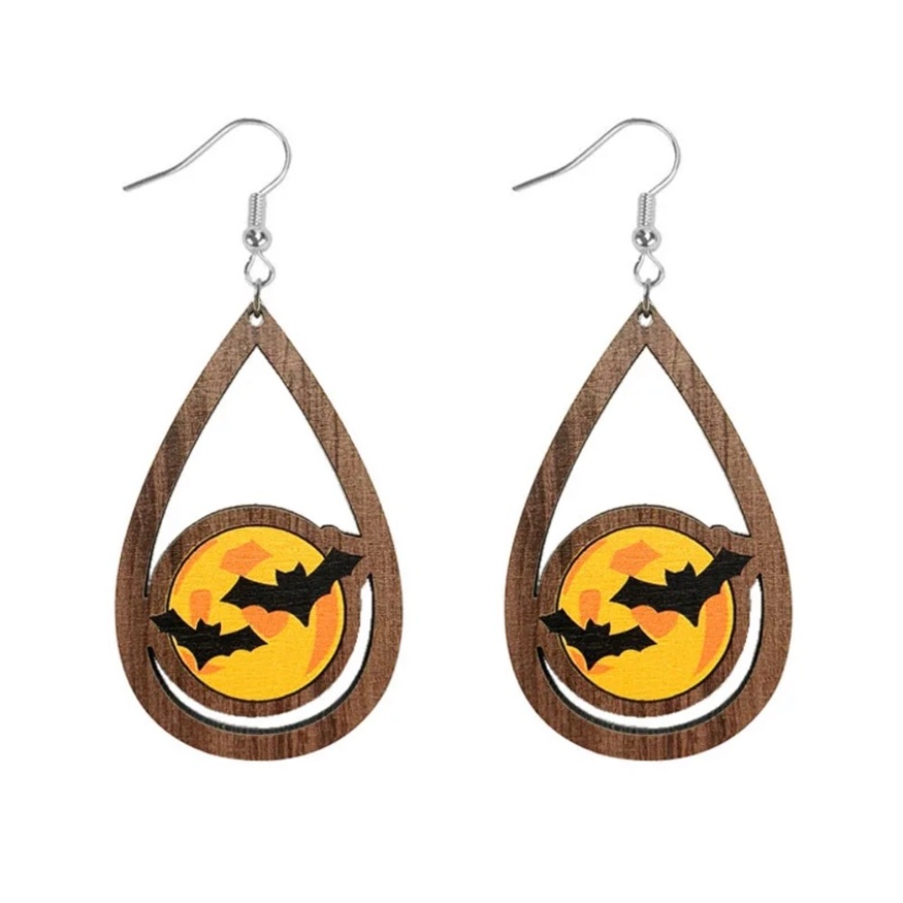 New! Flying Bats Full Moon Wood Earrings